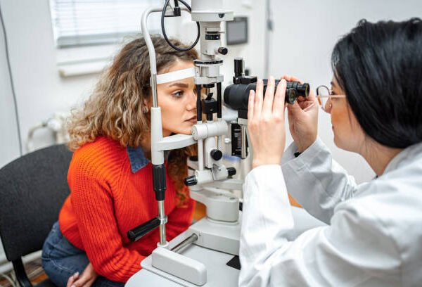 Ophthalmologist performing eye exam with optical equipment on female patient